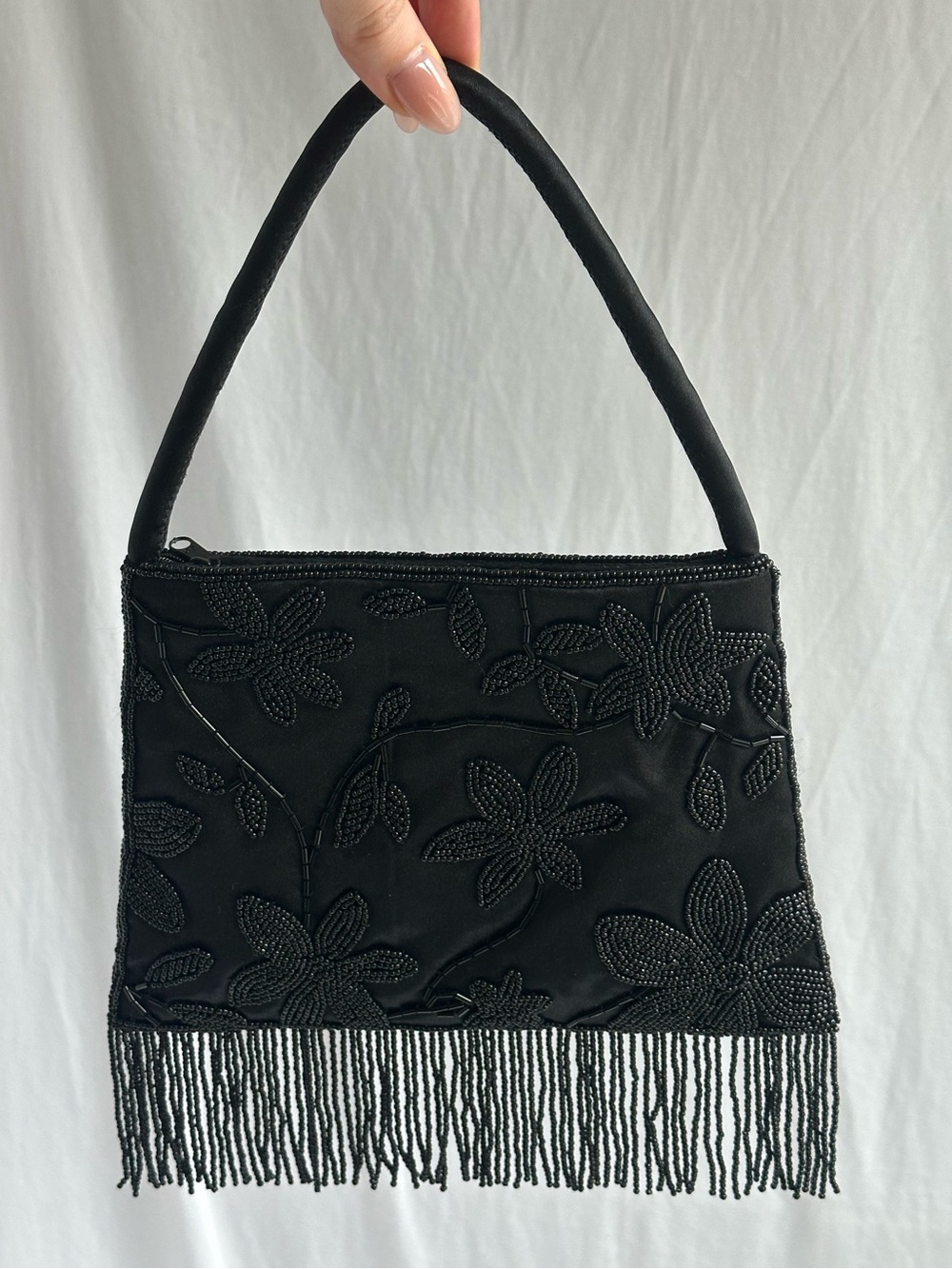 Vintage Black Satin Beaded Floral and Fringe Evening Bag / Purse
